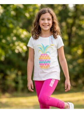 NWT 2 pc White Tee/Pink Leggings Set with Lace Hems 10 years Gift For Girls